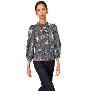 Ulla Johnson Women's Manet Blouse in Azul Floral BOHO Ruffle trime size 0